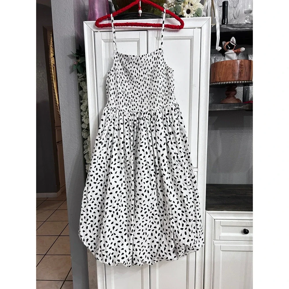 Black White Spotted Smocked Bubble Hem Midi Dress Medium Stretchy Spring Summer